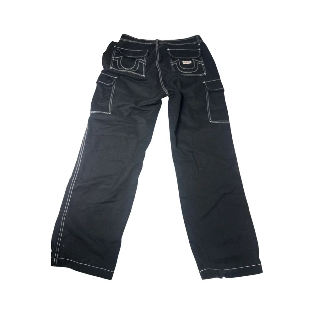 True Religion Black Contrast Stitch Cargo Pants Wide Leg Mens 34 Y2K Streetwear
